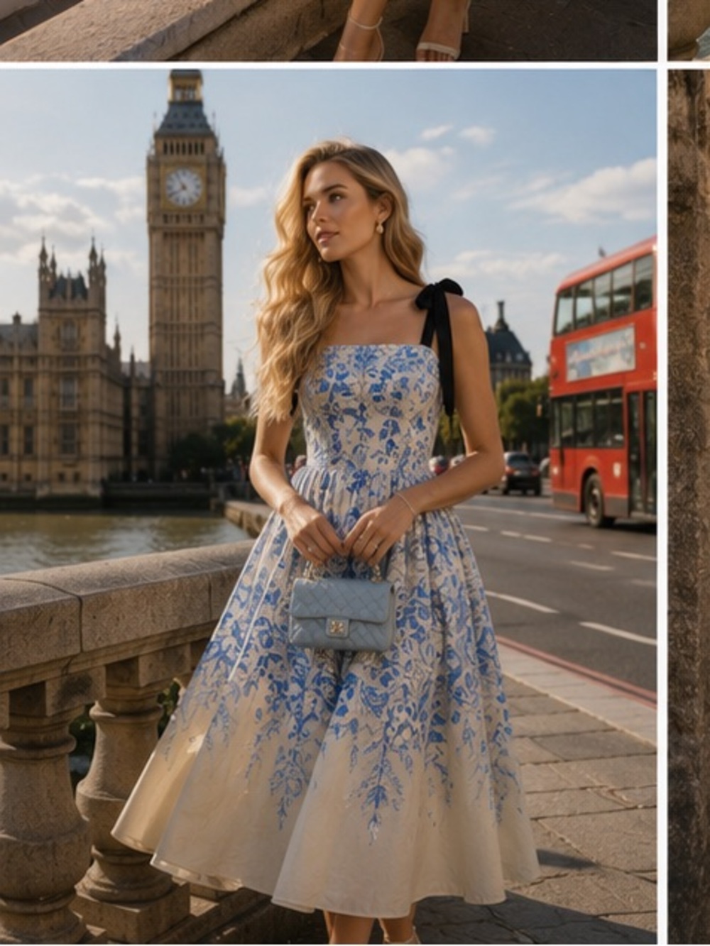 Floral Blue & White Tie-Shoulder Midi Dress - Picture 13 of 13